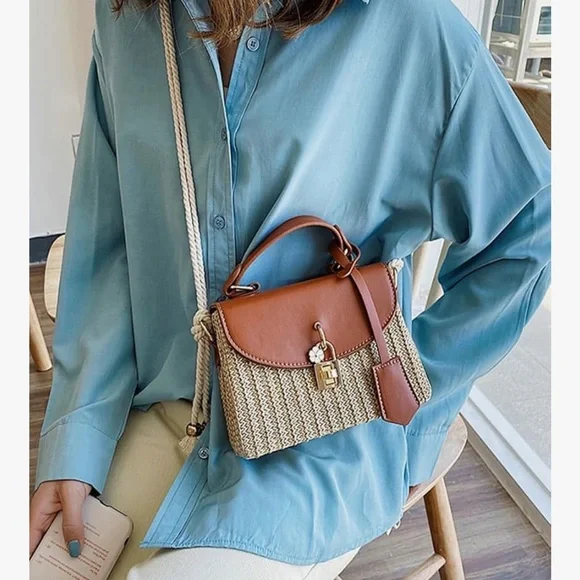 🆕 Straw Square Bag Straw Beach Bags For Women Rattan Purses Straw Crossbody - Picture 4 of 9